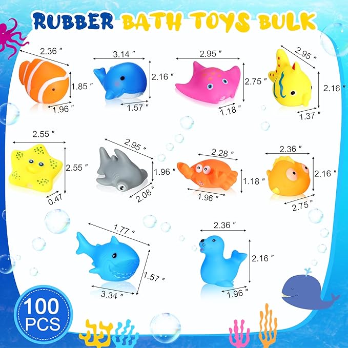 Poen 100 Pcs Rubber Bath Toys Bulk Cute Sea Animals Bathtub Toys Floating Ocean Squeaky Animals for Birthday Party Supplies Summer Pool Favors Baby Shower Classroom Carnival Prizes, 10 Styles