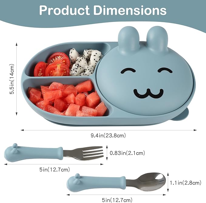 Silicone Baby Plate,Toddler plates,Self-feeding of infants after weaning, 100% Food Grade Silicone, BPA Free, Including Fork and Spoon, Baby Plates With Suction, Divided Plate for Babies(blue)