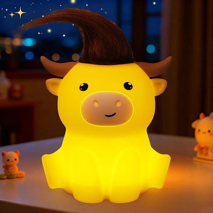 Highland Cow Night Light, Cute Animal Silicone Touch Cow Lamp, Highland Cow Gifts for Boys Girls Women Christmas, Dimmable Soft Glow Bedside Lamp for Nursery Bedroom Decor