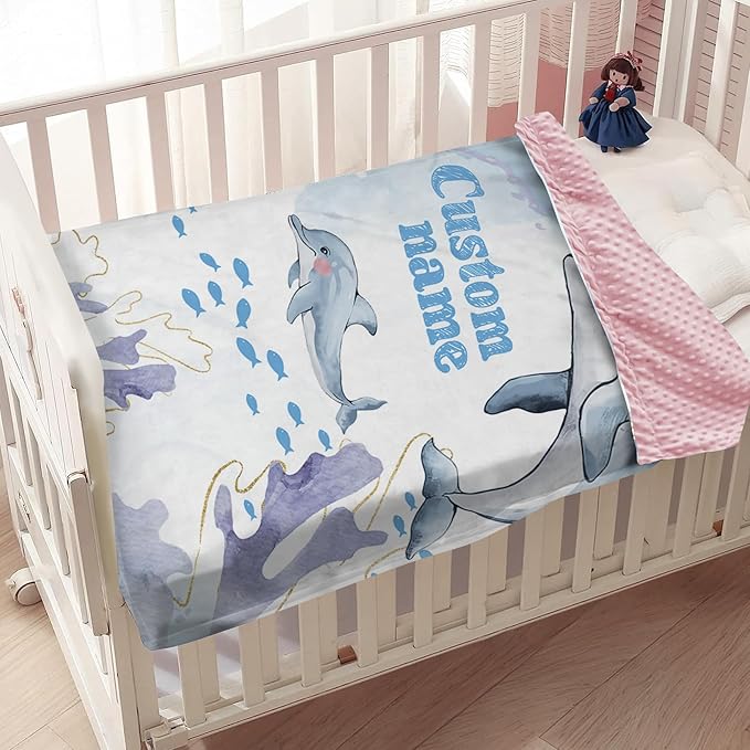 Custom Baby Blanket for Boys & Girls, Personalized Baby Blanket with Name, Soft & Cozy Dolphin Flannel Bed Blankets for Newborn Toddler, Customized Gifts for Shower Birthday Easter(60"x80")