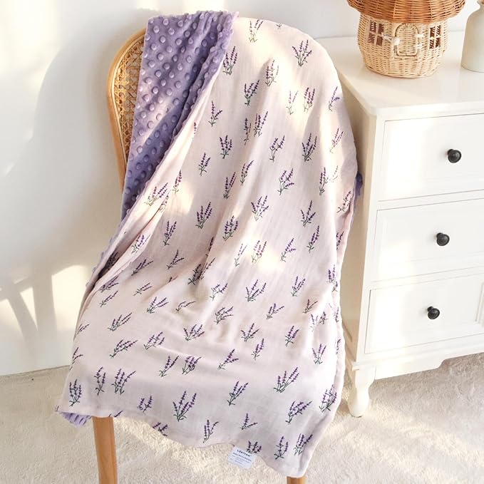 LifeTree Baby Blankets for Boys Girls, Soft Double Layer Swaddle Blankets, Muslin Front and Dotted Fleece Backing Receiving Bed Throw Blanket for Newborn Unisex, 31X40 Inches, Lavender