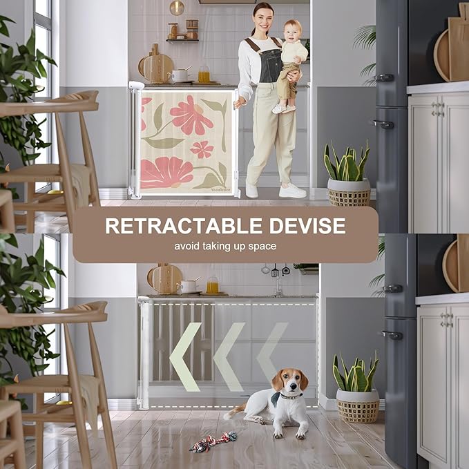 Retractable Baby Gate Child Safety 34" Tall x 55” Wide, Mesh, for Stairs, Doorways, Dogs, Pets, Indoor, Outdoor, One-Handed Operation, Locking, Easy Install, Hardware Mount, Flowers