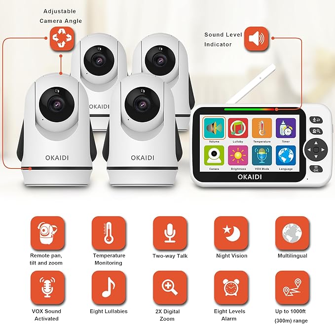OKAIDI Video Baby Monitor with 4 Cameras, 5" Display Baby Monitor No WiFi, 30H Battery and 1000ft Range, 2-Way Talk, 8 Lullabies, Remote Pan-Tilt-Zoom Baby Camera for Baby Pet Elderly