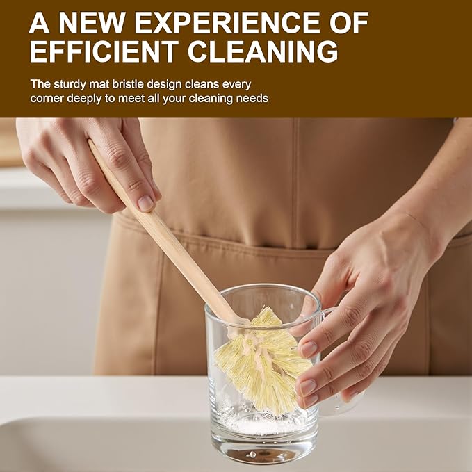 2-Pack Natural Wooden Bottle Brush with Sisal Bristles, Long Handle Bottle Brush Cleaner for Wide Mouth Jars, Water Bottles, Cups, Glasses, Baby Bottles (Non-Scratch)