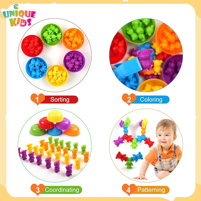 UNIQUE KIDS Counting Matching Game with Sorting Cups, Color Classification and Sensory Training Educational Learning Toys Set Gift for Toddlers Preschool Ages 3 Years and up (New Stacking Monkey)