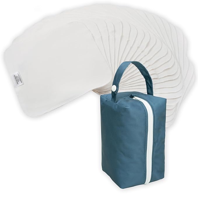 Nora's Nursery Reusable Baby Wipes, 100% Cotton Washcloths, Soft and Absorbent Towels for Newborn Bath and Face, Includes 20 Wipes with 1 Waterproof Pod for On-The-Go Moms, Sea