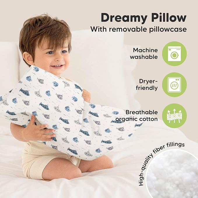 Toddler Pillow with Pillowcase - 13x18 My Little Dreamy Kids Travel Bed Pillows for Sleeping, Organic Cotton Small Pillowcase, Soft & Breathable, Machine Washable, Toddlers 2-5 Years Old (Submarines)