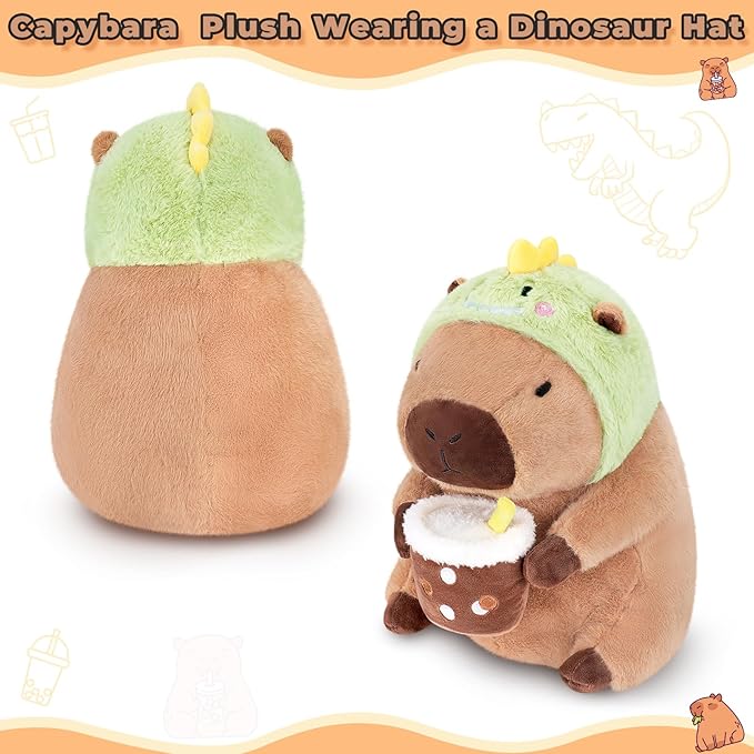 Achwishap Capybara Plush,Cute Plushies Capybara Stuffed Animals,Capybara Plush Toys,Kawaii Plushie Stuffed Toy with Dinosaur Hat Plushies Gift for Kids Adults Birthday(Capybara with Dinosaur Hat,12”)