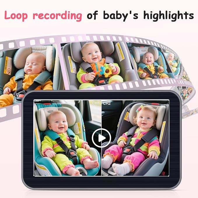2-Kids Baby Car Camera Recording: HD 1080P Dual Backseat Cameras with 7” Split-Screen Display - Night Vision, 360° Rotation, Easy Installion for Twins & Siblings