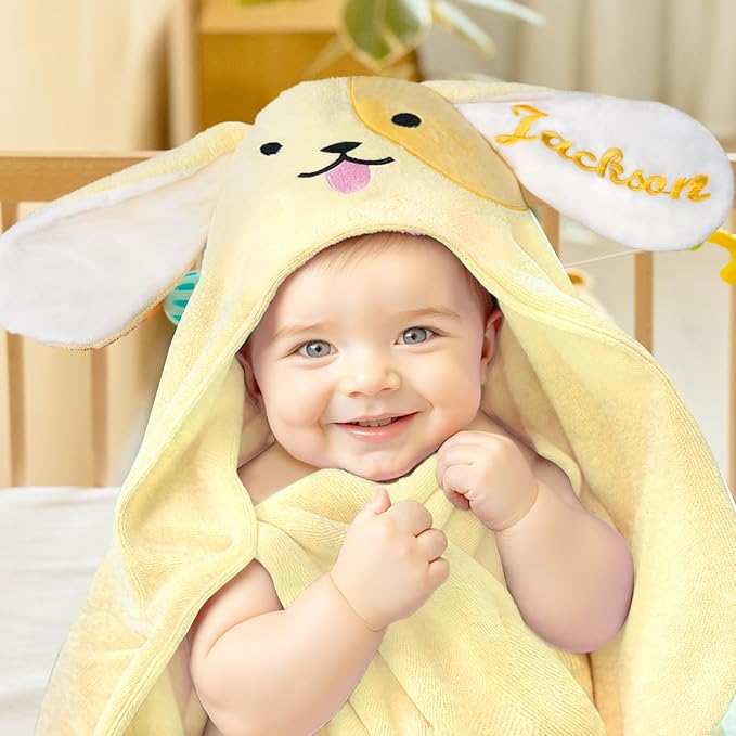 Baosity Custom Hooded Baby Towel with Name, Personalized Super Soft Absorbent Bath Towels, Baby Towels for Girls Boys, Easter Brithday for Infant, Toddler, Newborn Essentials