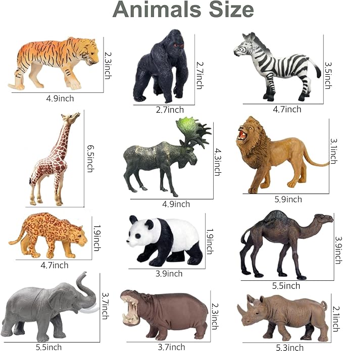 RUSON 12 Pcs Realistic Jungle Animal Figurines, Safari Animals Figures Toys Cake Topper Plastic African Wild Zoo Animals Playset Party Supplies for Kids Toddlers