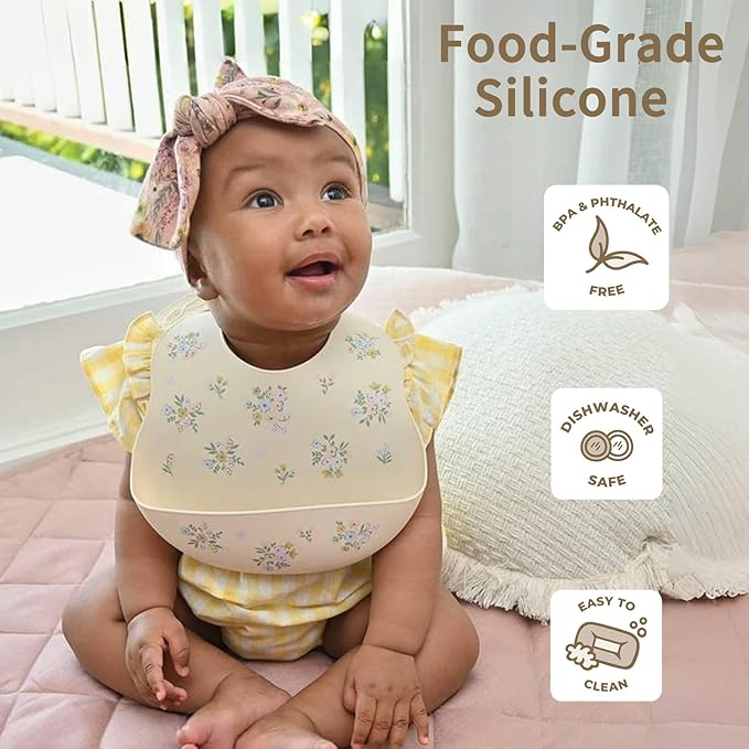 Baby Silicone Bibs 2 Sets Baby Bibs with Food Catcher for Girls Boys Toddlers BPA Free Waterproof Soft Durable