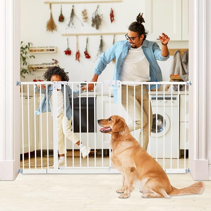 Kinfant Extra Wide Baby Gate - 58-Inch White Doorway & Stair Gate, Tall & Adjustable Extension Pressure Pet Gate, with Extension Kit, Pressure Mount Kit, Wall Cups
