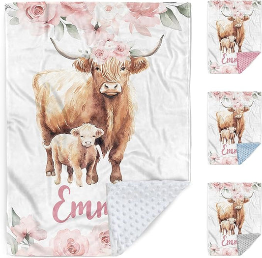 Custom Baby Blanket, Personalized Name Baby Blanket for Girls Boys, Highland Cow Double Layer Dotted Backing Receiving Swaddle Blankets, Nursery Newborns New Parents Customized Gifts(60"x80")