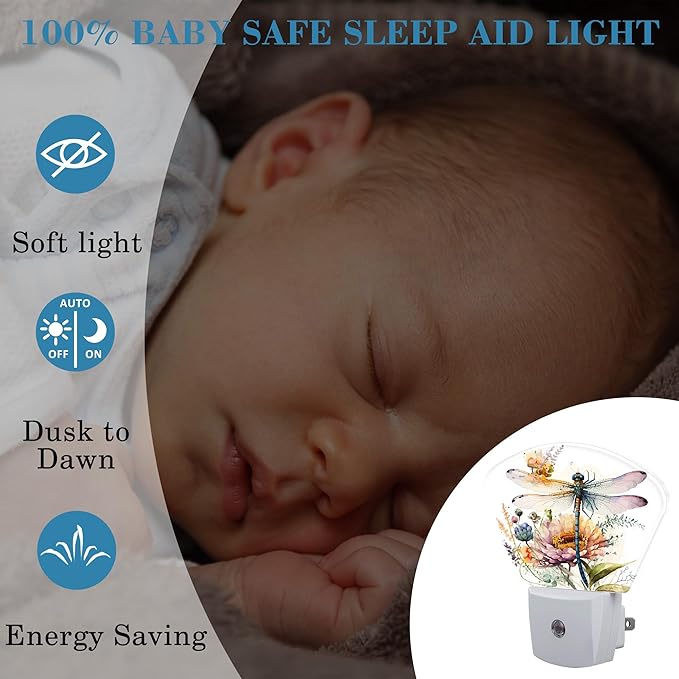 Watercolor Dragonfly Night Light Plug into Wall, Flowers Night Light with Dusk to Dawn Sensor for Kid Girls Boys Women Men Bedroom, Hallway, Kitchen, Bathroom, Stairs Decor