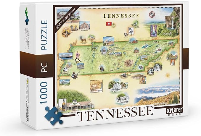 Xplorer Maps Tennessee Map Jigsaw Puzzle - 1000 Pieces, Hand-Illustrated - Educational & Fun Family Activity, Ages 7+, Includes Poster