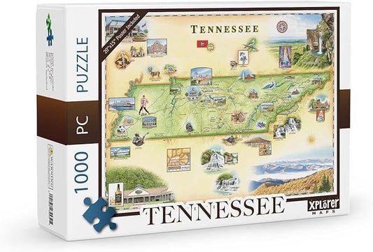 Xplorer Maps Tennessee Map Jigsaw Puzzle - 1000 Pieces, Hand-Illustrated - Educational & Fun Family Activity, Ages 7+, Includes Poster