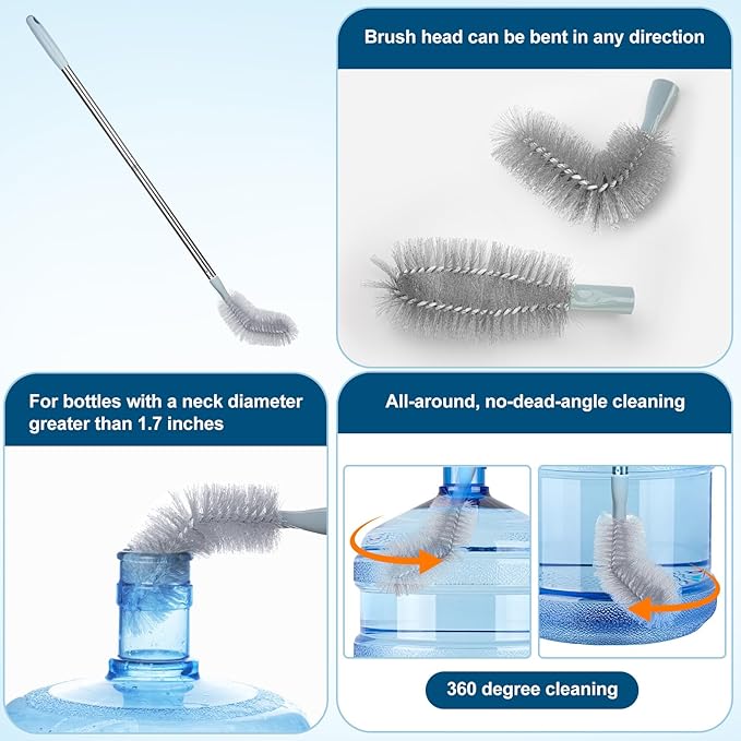 2-Pack Extra Long Bottle Brush, Nylon Bristles, Bendable Brush Head, Stainless Steel Handle, Cleaning Brush for 1-5 Gallon Water Bottles, Jugs, Buckets and Kettles