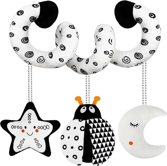 TSYAN Car Seat Toys for Babies 0-6 Months,Hanging Rattle Toys for Crib Mobile, Baby Spiral Hanging Stroller Black and White High Contrast Toys for Newborn 0 3 6 9 12 Months Baby Boys Girls (Bug)