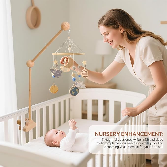 OESSUF Baby Crib Mobile Arm, 27 Inch Adjustable Wood Hanger, White Cloud Design, Nursery Mobile Holder for Cot Bed (Wooden)