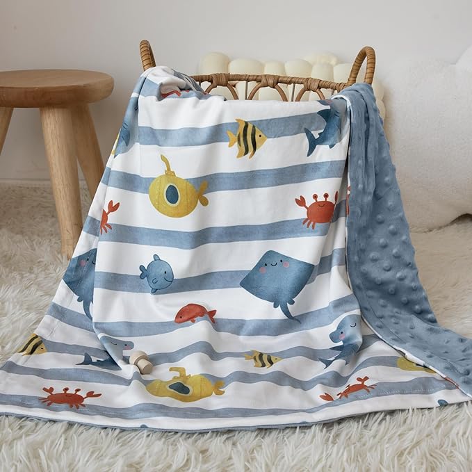 Baby Minky Blanket for Boys Girl, Super Soft Newborn Nursery Blanket with Double Layer Dotted Backing, 30x40 Cozy Printed Bed Throw Blanket, Undersea World