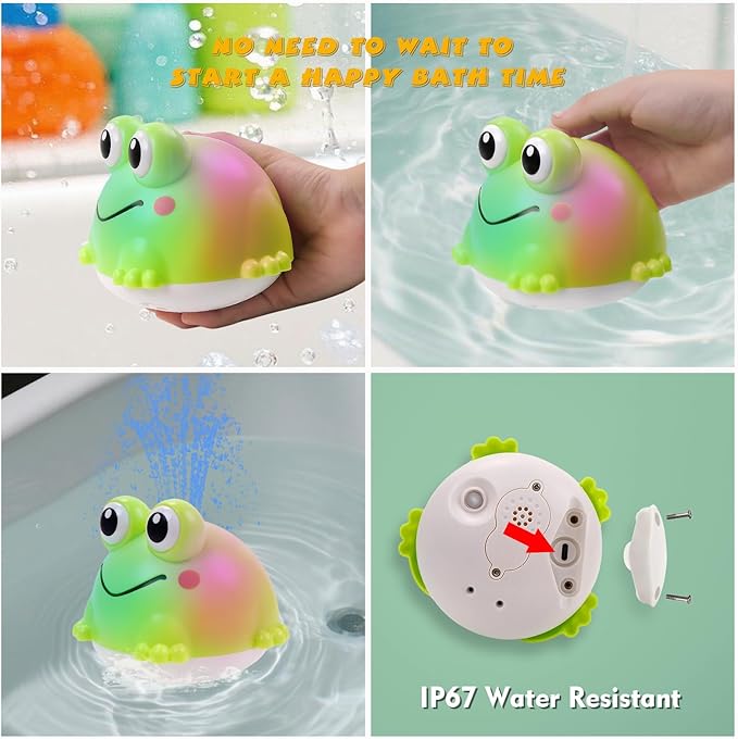 Light Up Bath Toy Sprinkler for Babies, Rechargeable Bathtub Pool Water Toys Baby Gifts for Toddlers, Shower Essentials (Frog)