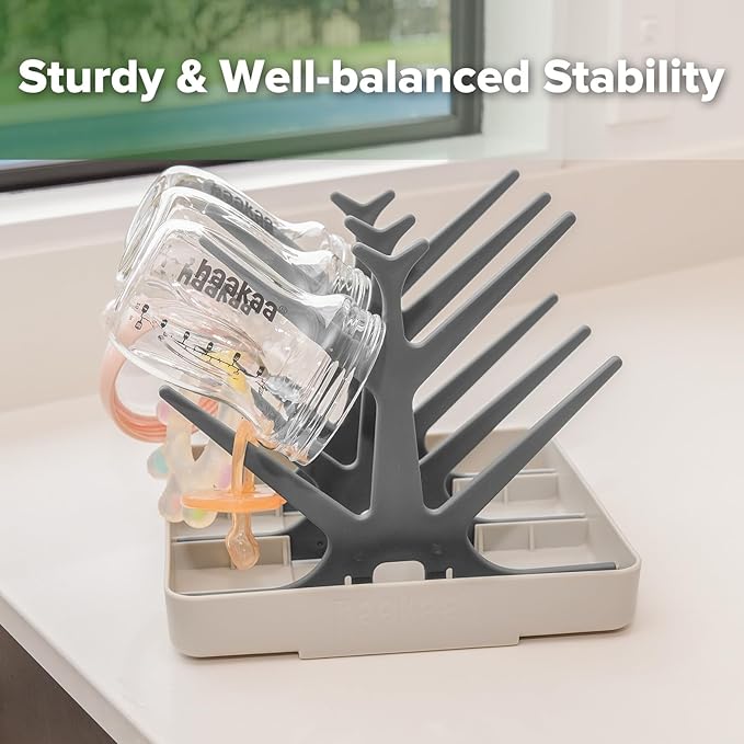 haakaa Portable Baby Bottle Drying Rack, Space Saving Bottle Drying Tree for Bottles/Pump Parts/Pacifiers and Other Baby Essentials, Easy-Store Dryer Rack Great for Home & Travel, BPA Free (Grey)