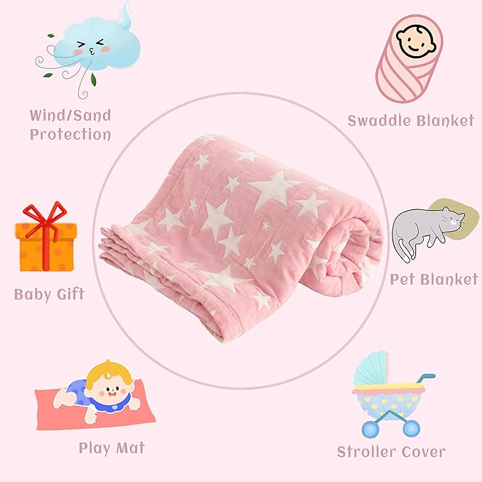 NTBAY 3 Layer Toddler Blanket, Muslin Cotton Jacquard Bed Blankets, Lightweight Thermal Baby Blanket, Super Soft and Warm Crib Blanket for All Seasons, Decoration Gift, 30"x40", Pink Star