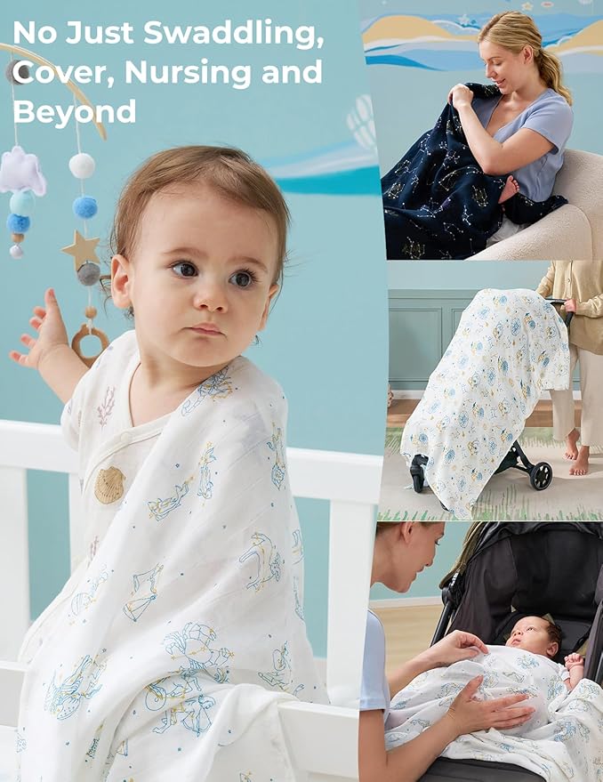Momcozy Muslin Swaddle Blankets, Ultra Soft Neutral Registry Essentials, Angelic Starlight Zodiac Magic, Breathable Large 47'' x 47'' Newborn Boys Girls Receiving Blanket