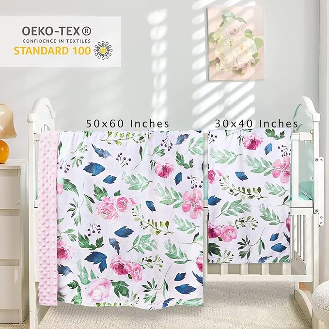 HOMRITAR Baby Blanket for Girls Super Soft Double Layer Minky with Dotted Backing, Receiving Blanket with Pink Floral Multicolor Printed Blanket 30 x 40 Inch(75x100cm)