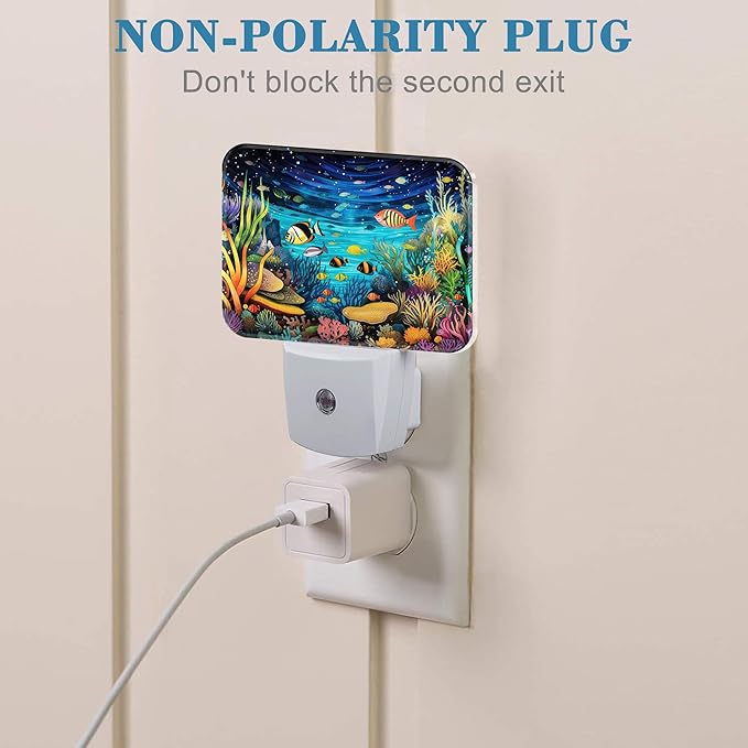 Colorful Underwater World Night Light for Kids, Fish and Coral LED Night Light Plug into Wall with Dusk to Dawn Sensor for Girls Boys Women Men Bedroom,Hallway,Kitchen,Bathroom,Stairs Decor