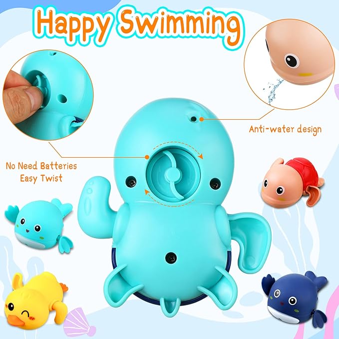 Bath Toys Sets Include 12 Pcs Wind up Floating Toys with 2 Pcs Duck Shape Fishing Net, Swimming Pool Games Bathtub Shower Toy, Turtle Whale Duck Crab for Boys Girls Funny Gifts