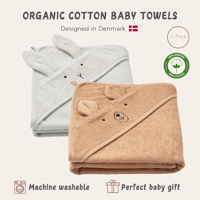 Baby Hooded Towel – Organic Cotton Baby Bath Towels, 32" x 32" Super-Soft and Absorbent Baby Towels for Newborn 2-Pack (Rabbit Grey/Bear Natural)