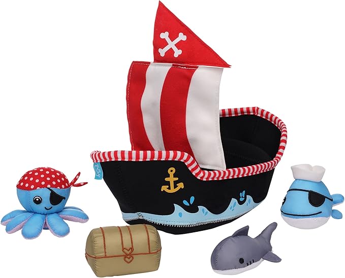Manhattan Toy Neoprene Pirate Ship 5 Piece Floating Spill n Fill Bath Toy with Quick Dry Sponges and Squirt Toy