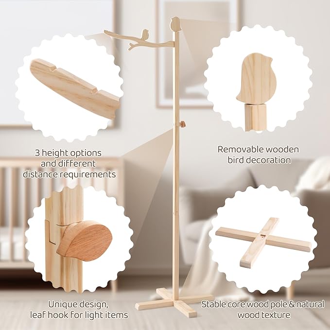 Floor Standing Crib Mobile Arm 57.8 Inch Wooden Baby Mobile Arm for Crib Movable Baby Mobile Hanger with Hook Anti-Dumping Baby Mobile Holder Floor Stand Nursery Decor