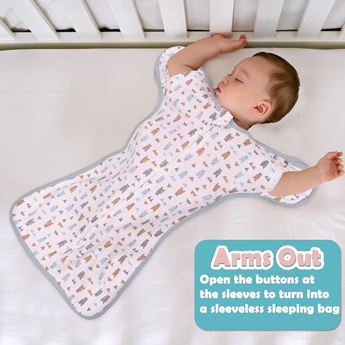 2 Pack Transition Swaddle with 2 Way Zipper, 2 in 1 Arms in/Out Transitional Arms Up Swaddle, 100% Cotton Newborn Swaddles Zipper Swaddles Baby Swaddling Sack Sleep Sack 0-3 Months, Dinosaur & Bear