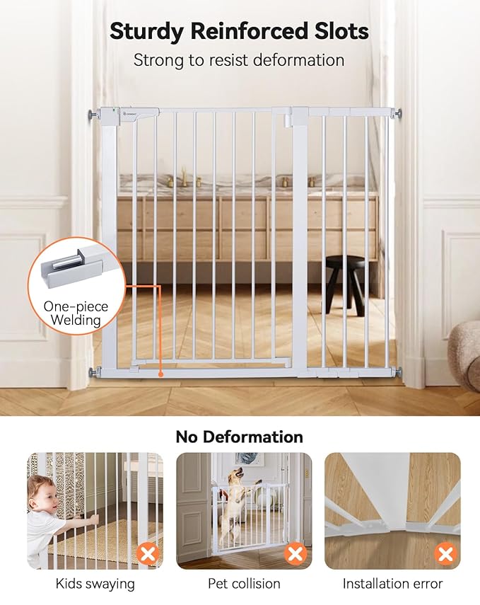 COMOMY 36" Extra Tall Baby Gate for Stairs Doorways, Fits Openings 29.5" to 43.3" Wide, Auto Close Sturdy Safety Dog Gate for House, Pressure Mounted Easy Walk Through Pet Gate with Door, White