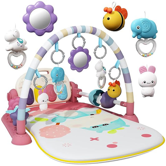 Baby Gym With Kick and Play Piano - Activity Mat for Tummy Time With 5 Infant Learning Sensory, Music and Lights for Newborn Boy or Girl (Pink)