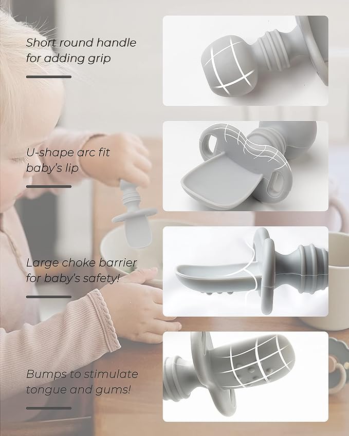 DF DUALFERV 4 Pcs Baby Spoons Self Feeding 6 Months, Silicone Baby Spoons First Stage and Baby Fork, Toddler Utensils for Baby Led Weaning with 2 Cases (Green, Grey)