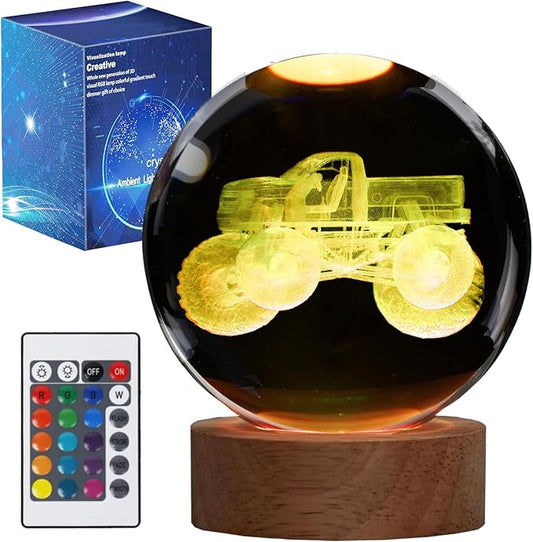 Monster Truck Night Light, Monster Truck Gifts, 3D Crystal Ball Night Light with Remote Upgraded 3.15 Inch Lamps with 16 Color for Birthday Xmas Cool Figurines Gifts for Room Decor Boys Girls