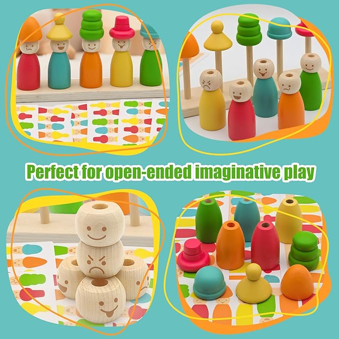 ZHX Montessori Wooden Stacking Toys for 3 4 5 6 Year Old Boys Girls, Colorful Puppet Hat Face Matching Game Preschool Educational Toys Gift for Toddler