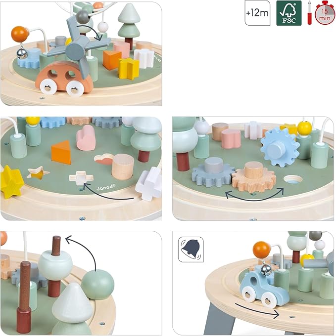 Janod J04402 Sweet Cocoon Wooden Activity Multi-Play Table Toddlers – Fine Motor Development – Non-Slip Feet – Water Painted and FSC Certified – Suitable for Age 1 Year and Above