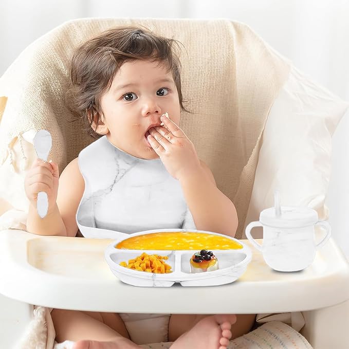 9pc BPA Free Silicone Baby Feeding Set - White: Suction Bowl, Divided Plate, Sippy Cup, Bib, Spoons, Forks - Baby Eating Utensils