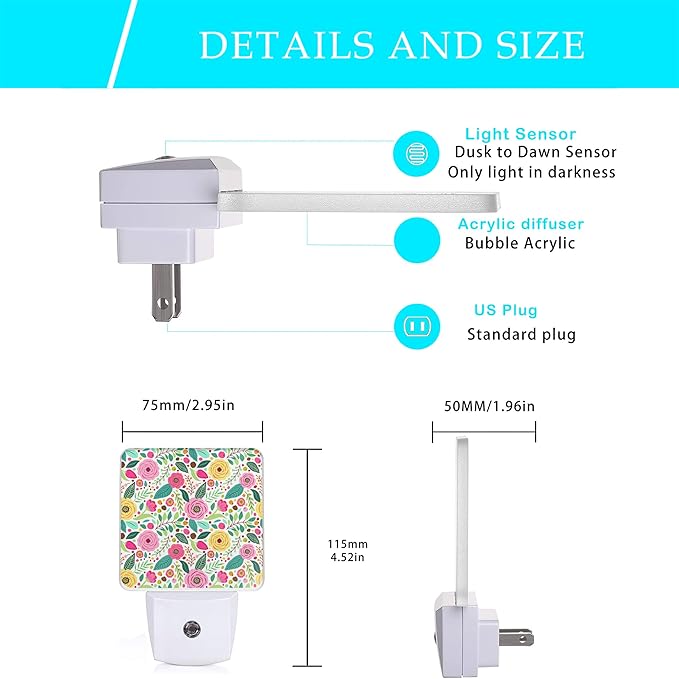 Retro Flowers Night Light,Spring Retro Rustic Flowers Night Lights Plug into Wall with Dusk to Dawn Light Sensors 0.5W Dim Night-Lights for Bedroom