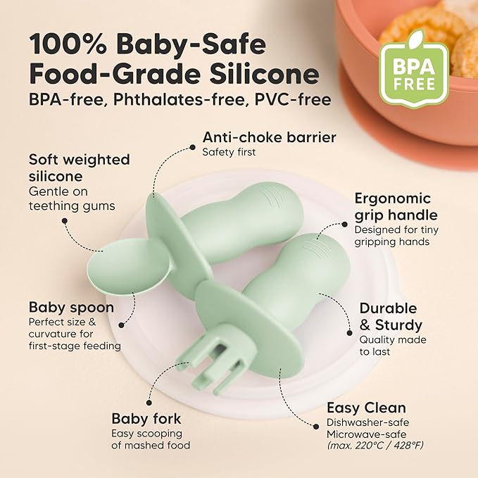 KeaBabies 4-Pack Silicone Baby Spoons and Forks Set - Baby Led Weaning Utensils 6-12 Months, Self Feeding Toddler Spoon & Fork for Training, Teething, Easy to Hold, BPA-Free Silicone (Mellow)