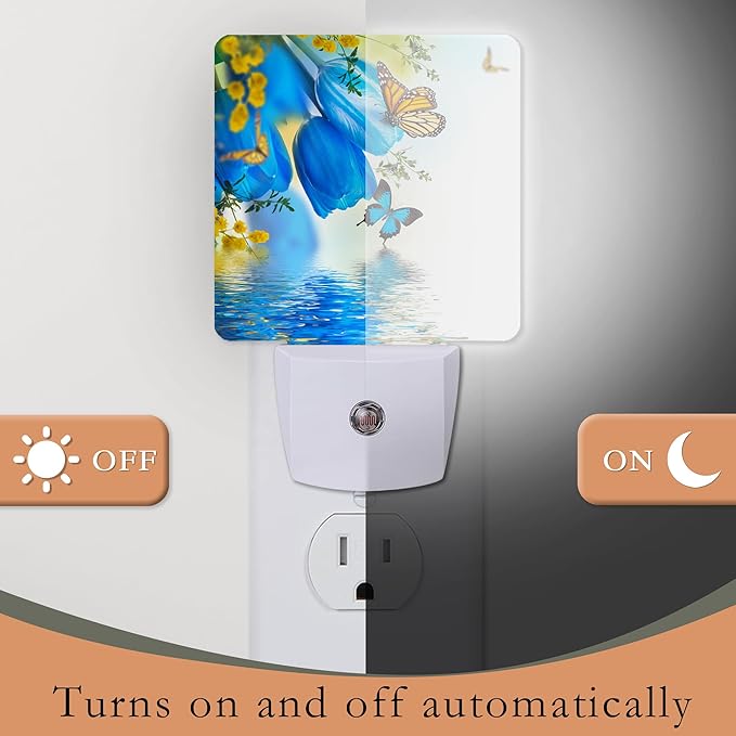 Night Light for Kids,Blue Tulips and Butterfly LED Night Light Plug into Wall with Dusk to Dawn Sensor for Girls Boys Room Decor,Hallway,Kitchen,Bathroom,Nursery,Stairs