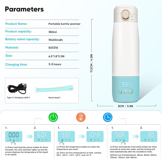 Portable Bottle Warmer for Travel, Bottle Warmer On The Go with Quick Heating, Preset Modes and PreciseTemperature Control, Water & Milk Warmer with Long Battery Life, Blue