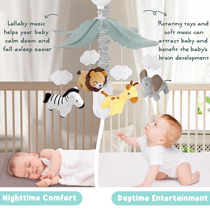 Animals Crib Mobile for Boys & Girls - Safari Baby Mobile for Crib with Upgraded 3-Mode Music Box, Fits Standard Cribs, Nursery Mobiles
