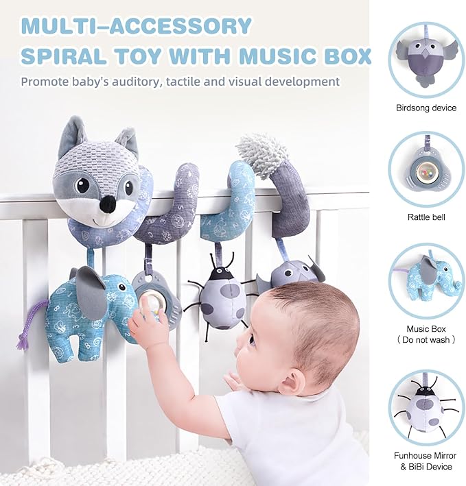 Jollybaby Crib Stroller Car Seat Toys for Baby 0-3-6-9-12 Months, Tummy Time Hanging Sensory Toys for Newborn with Music Box and Teether, Spiral Carseat Toy for Infant Boys Girls Gifts (12-Grey Fox)