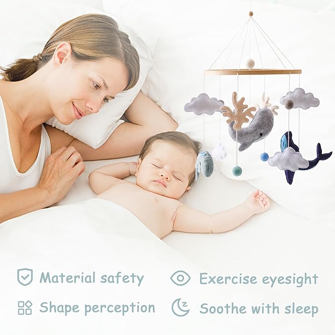 Montessori Baby Mobile for Crib Ocean Animals Crib Mobile Woodland Nursery Decor Soothe Toys for Ceiling Hanging Felt Ball Sea Blue Whale, White Clouds Baby Shower for Boys Girls Gifts